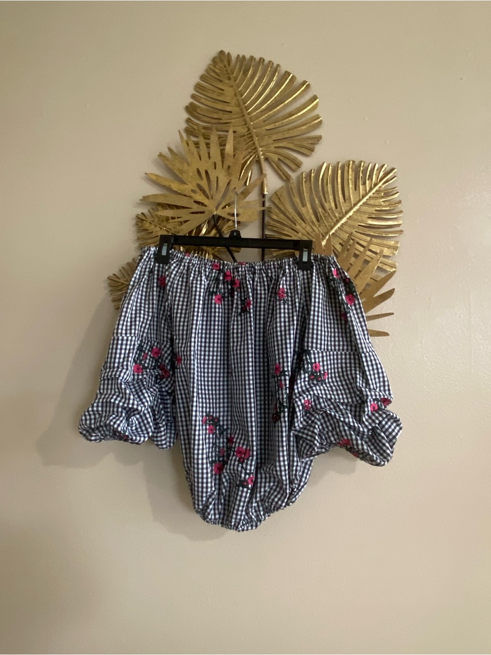 Off-Shoulder Gingham Blouse with Pink Floral Embroidery